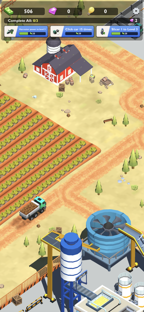 Vista isométrica de campos de patatas y una fábrica de procesamiento en Idle Chips Tycoon