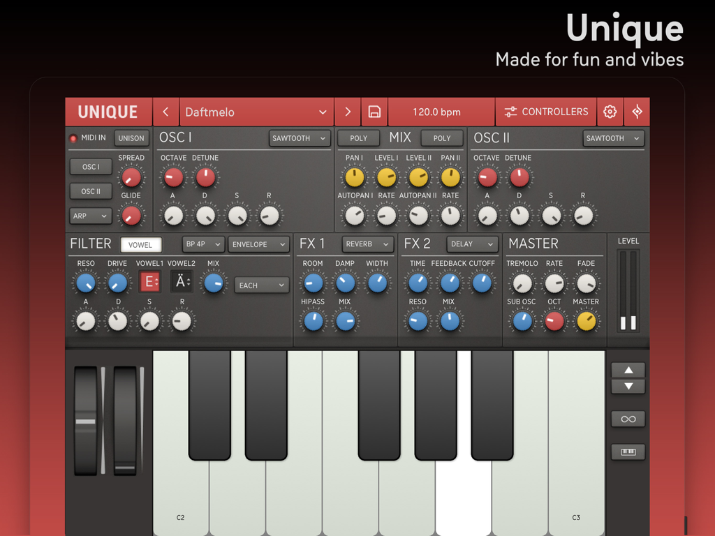 Hauptoberfläche der Unique für iPad Analog-Synthesizer-App mit Oszillatoren, Vokalfiltern, Effekten und einer virtuellen Klaviertastatur.