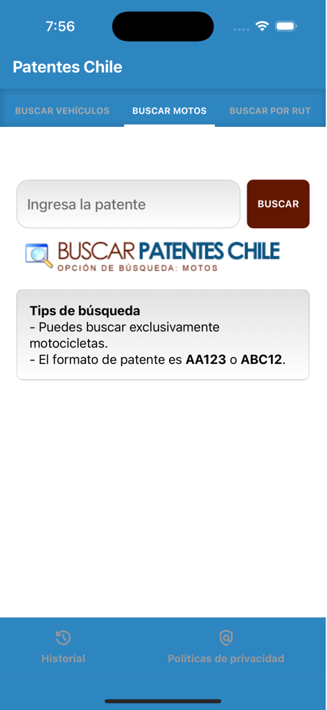 Motorcycle license plate search screen in the Buscar Patentes Chile mobile app