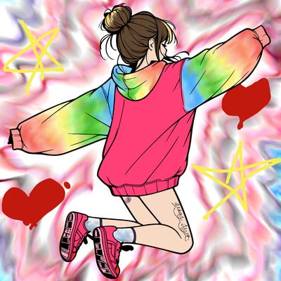 realistic girl jumping with a bun and oversized sweatshirt