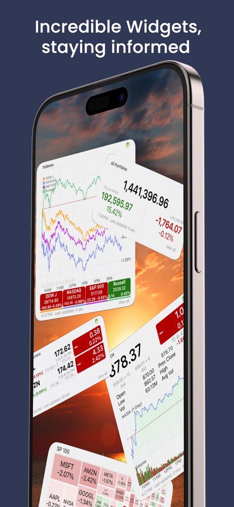 Schermata dell'iPhone che mostra i widget dell'app mobile Stock Master per grafici di indici, monitoraggio del portafoglio e mappe di calore delle azioni.