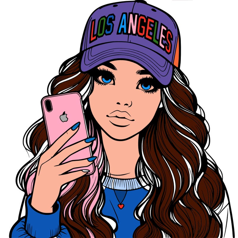 realistic beautiful girl wearing los ángeles cap holding an iphone