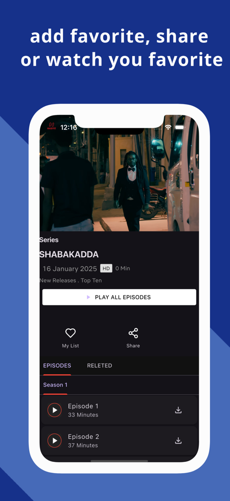 Nasiye app screen showing a Somali TV series called Shabakadda with options to play episodes and add to my list.
