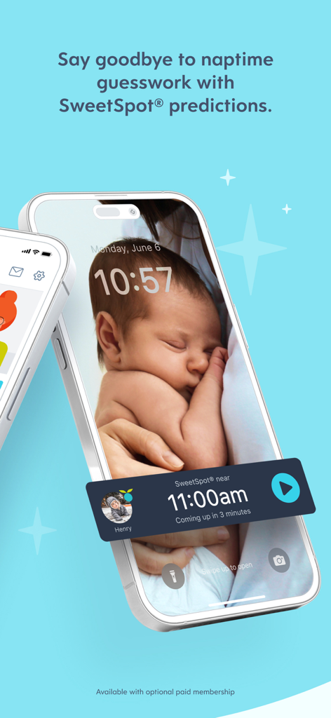 Smartphone lock screen displaying a Huckleberry app SweetSpot notification predicting a babys next nap time
