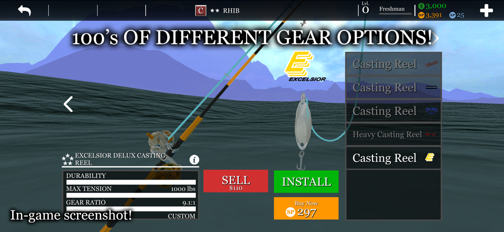 Fishing gear customization menu in uCaptain showing a casting reel and rod setup over the ocean