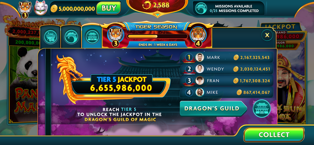 Mighty Fu Casino: Slots Game - Pantalla de juego de Mighty Fu Casino que muestra un bote de nivel 5 y la tabla de clasificación de jugadores