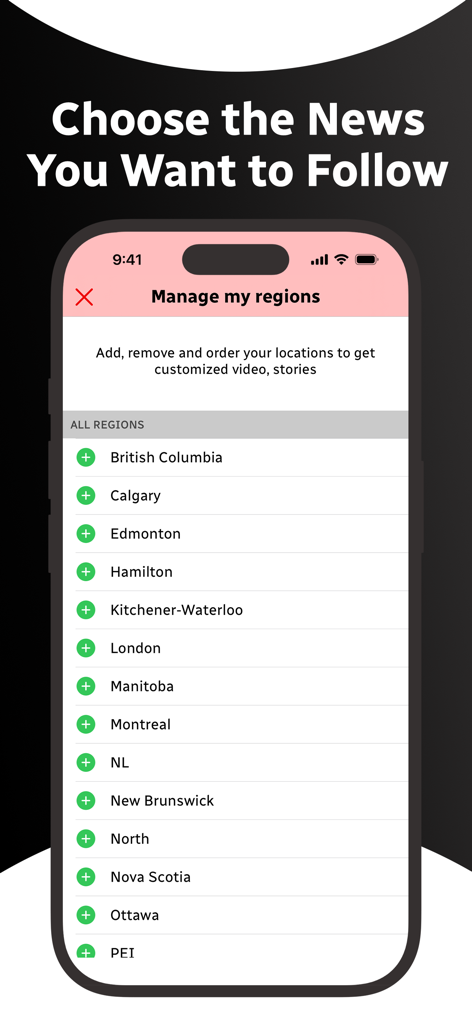 CBC News app screen showing a list of Canadian regions to select for personalized news updates