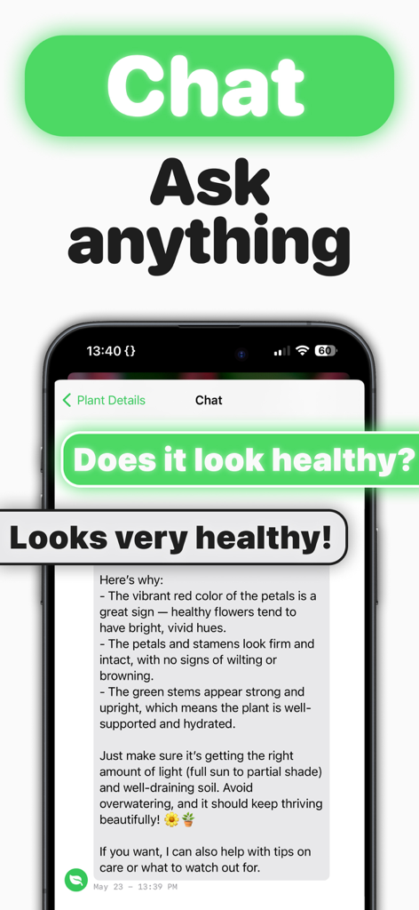 Asistente de chat IA proporcionando diagnóstico de salud de plantas y consejos de cuidado dentro de la aplicación