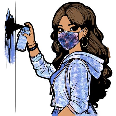 realistic girl with mask spray painting a wall