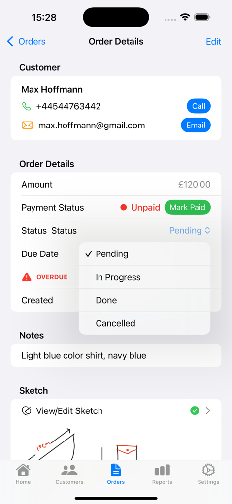 A mobile app screen showing order details including customer contact information, payment status, and project status options for a tailoring business.