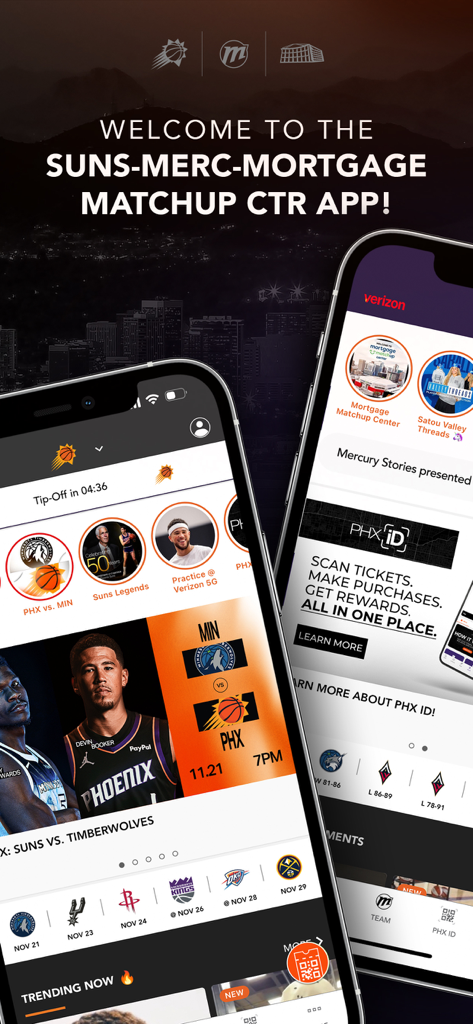 Suns-Merc-Mortgage Matchup Ctr - Interface of the Suns Mercury Mortgage Matchup Center app displaying game schedules and ticketing
