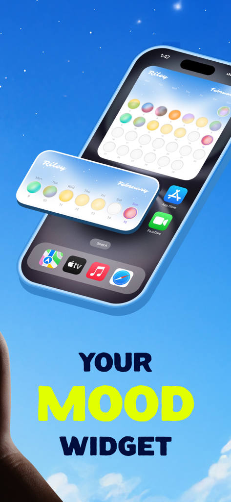 Emotion Tracker : Riley - 다채로운 감정 구체가 있는 Riley 기분 추적기 위젯을 표시하는 iPhone 홈 화면