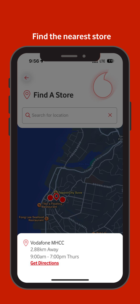 My Vodafone Fiji - My Vodafone Fiji app showing a map to find the nearest store with opening hours and directions