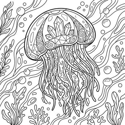 Discover the enchanting beauty of the ocean with our Crystal Jellyfish coloring page, a masterpiece of intricate design. This unique template invites you to bring vibrant life to a shimmering underwater scene filled with fascinating marine elements.