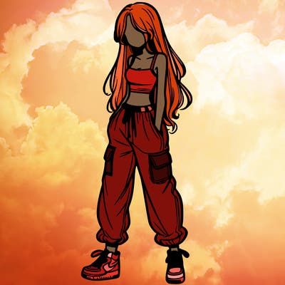 girl in baggy pants crop top and long hair