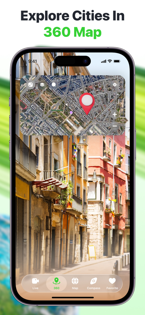 Live World Map - iPhone exibindo uma visão de rua de 360 graus e sobreposição de mapa de satélite no aplicativo Mapa Mundial ao Vivo