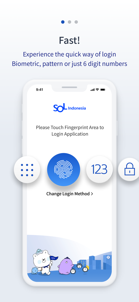 SOL Indonesia - SOLインドネシアのモバイルバンキングアプリのログイン画面、指紋生体認証を表示
