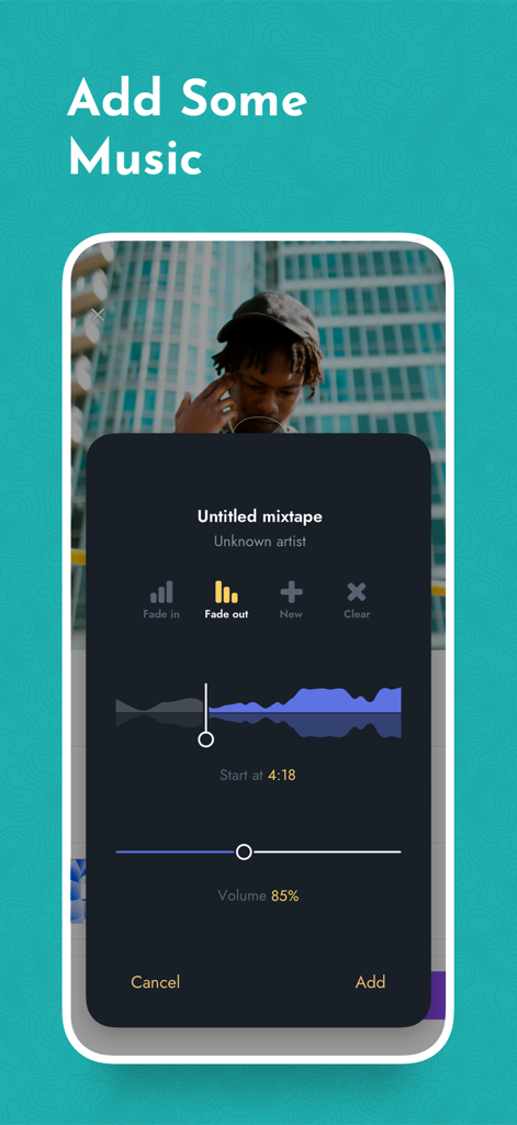 Interface of Montage Video Maker app showing options to add and edit music tracks for videos