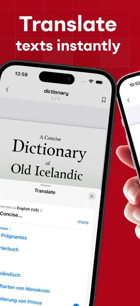 PDF Converter: Editor, Scanner - iPhone screenshot showing a PDF document being translated from English to German using the app feature Translate texts instantly