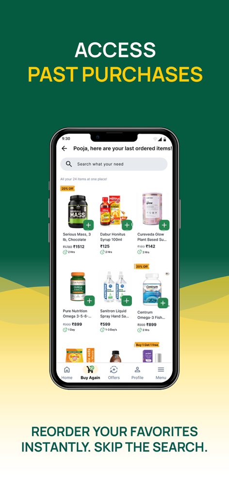 Interface do aplicativo Wellness Forever mostrando a tela Comprar Novamente com compras anteriores de saúde e bem-estar para reordenar rapidamente