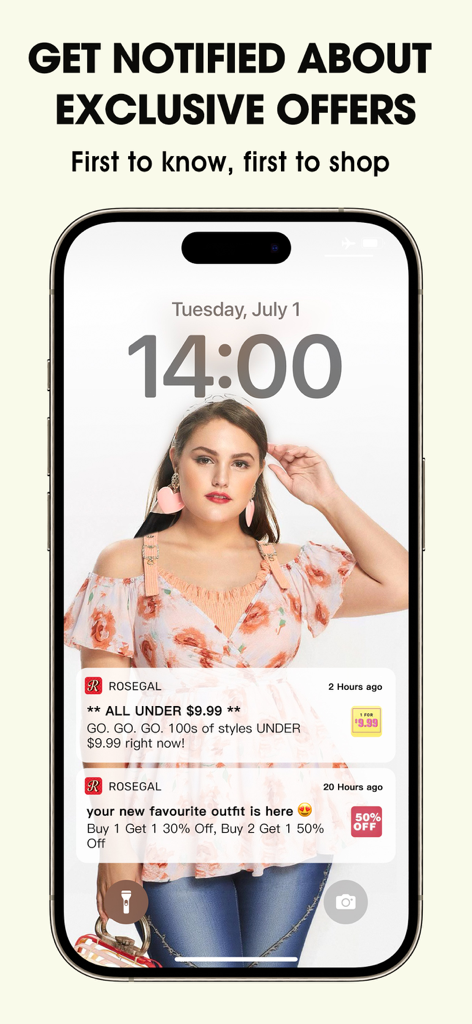 Pantalla de bloqueo de iPhone que muestra notificaciones de la aplicación RoseGal para ofertas y descuentos de compras exclusivos