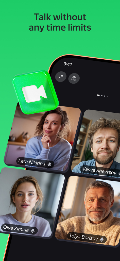 Yandex Telemost - Yandex Telemost mobile app interface showing a group video call with four people and the text Talk without any time limits