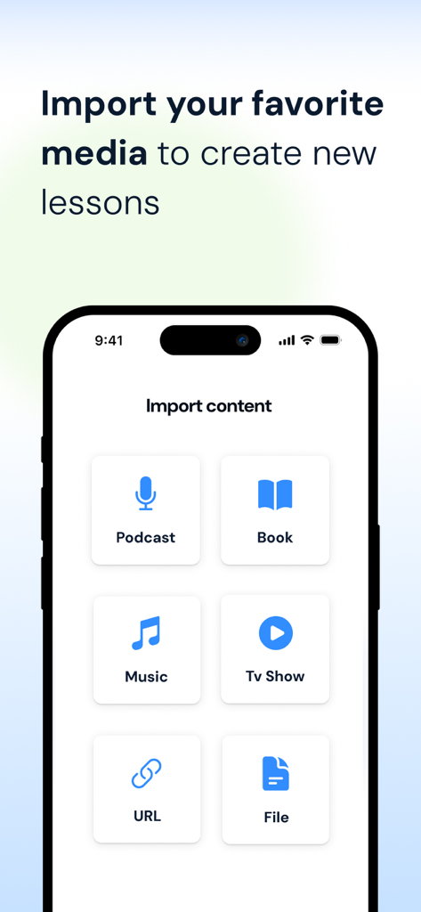 Language Learning | LingQ - LingQ app screen showing media import options for personalized language learning lessons