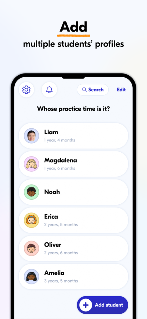 Oberfläche der Speech Blubs Pro App, die eine Liste von Schülerprofilen für spezialisiertes Sprachtherapiemanagement zeigt