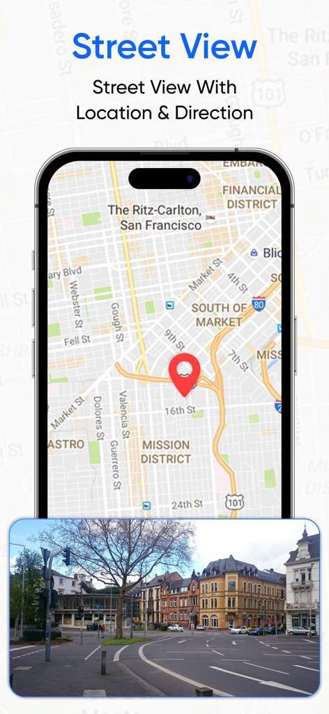 Street View Live 360 Map View - Interface of the Street View app showing a map of San Francisco and a street view photo