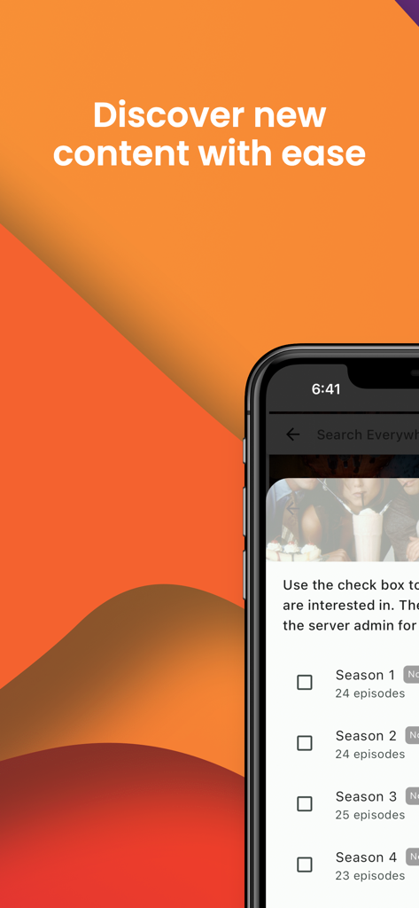 Phyn - Client for Jellyfin - Un smartphone mostrando la interfaz de la aplicación Phyn para solicitar temporadas de series de televisión en un servidor Jellyfin