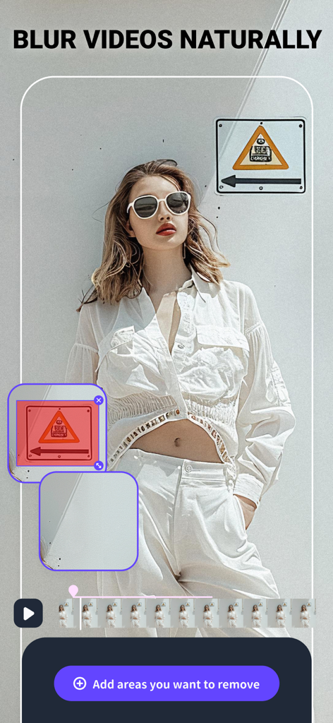 Video Eraser & Remove Objects - AI video editor interface showing the natural blurring and removal of a background sign