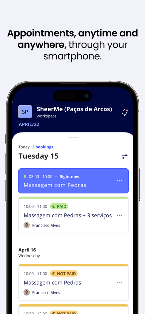 sheerME Pro - Aplicativo móvel sheerME Pro exibindo uma agenda diária de consultas de bem-estar em um smartphone