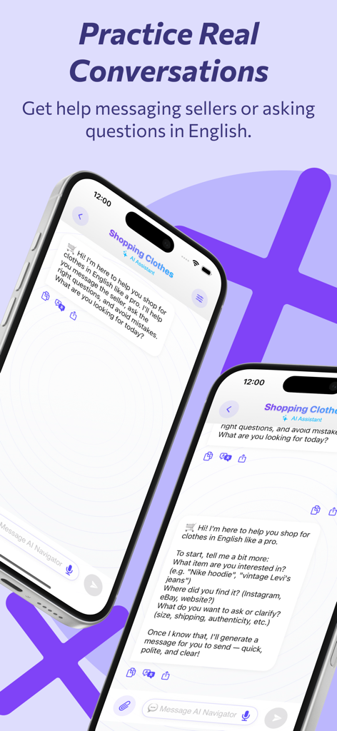 Interfaz de la aplicación AI Navigator que muestra práctica de conversación en inglés con un tutor de IA para comprar ropa