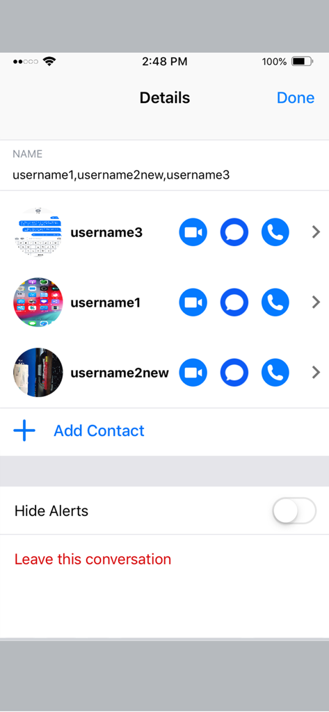 MeMi Message - La pantalla de información de grupo de la aplicación MeMi Message que muestra una lista de contactos falsos y configuración de chat.