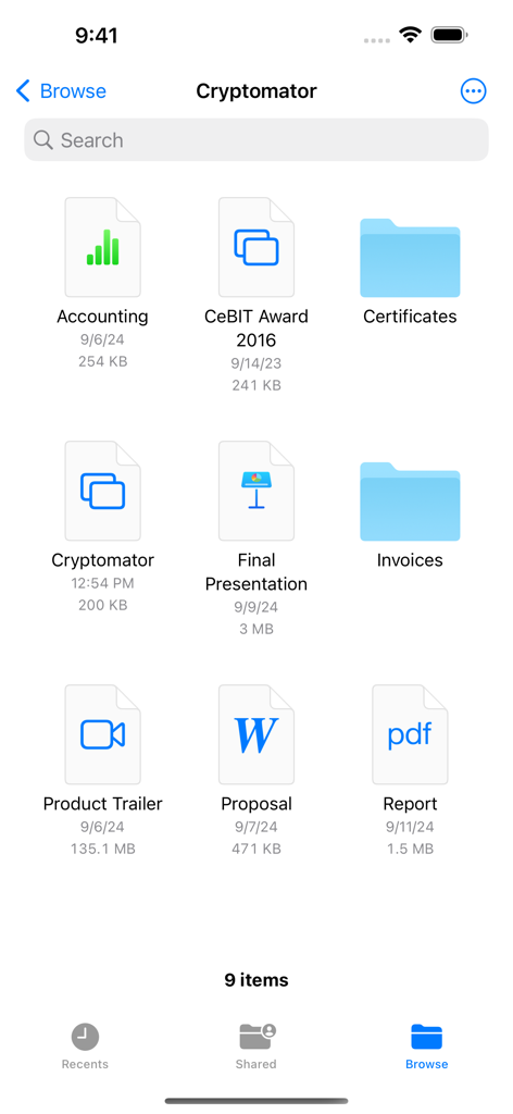 Cryptomator - Cryptomator app interface showing a grid of encrypted files and folders on an iPhone