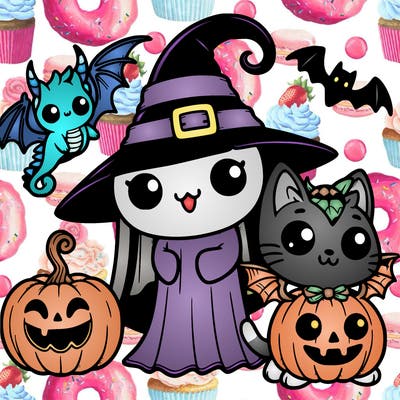 cute ghost in a cute witch costume with a bat dressed up as a aqua dragon and a cat dressed as a jack-o-lantern