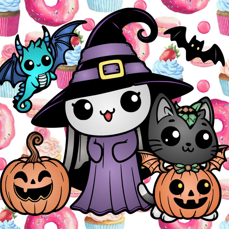 cute ghost in a cute witch costume with a bat dressed up as a aqua dragon and a cat dressed as a jack-o-lantern