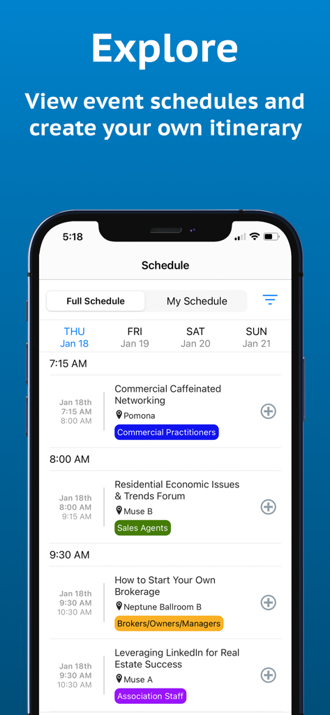 WESTOP Events 앱의 이벤트 일정 및 개인 일정 빌더를 보여주는 스마트폰 화면.