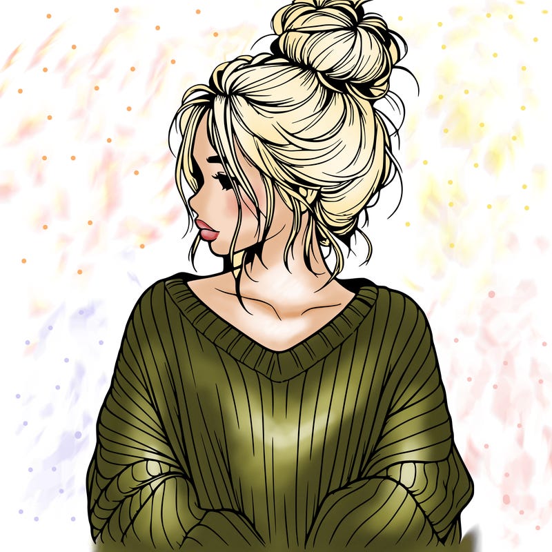 realistic girl wearing a messy bun and an oversized sweater