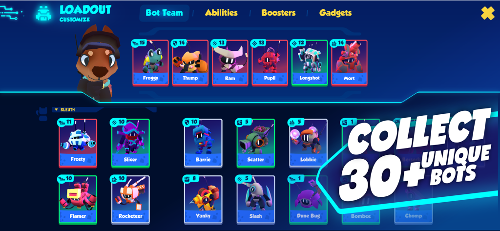 Botworld Adventure - Botworld Adventure loadout screen showing a dog character avatar and a collection of various robot bots with levels and names.