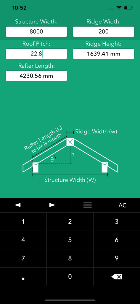 Rafter Help - Rafter Help app interface showing roof geometry diagram and calculated rafter lengths