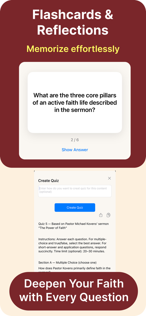 Bible Note Taker, Record, Chat - App interface showing a flashcard with a sermon question and a quiz creation tool for Bible study