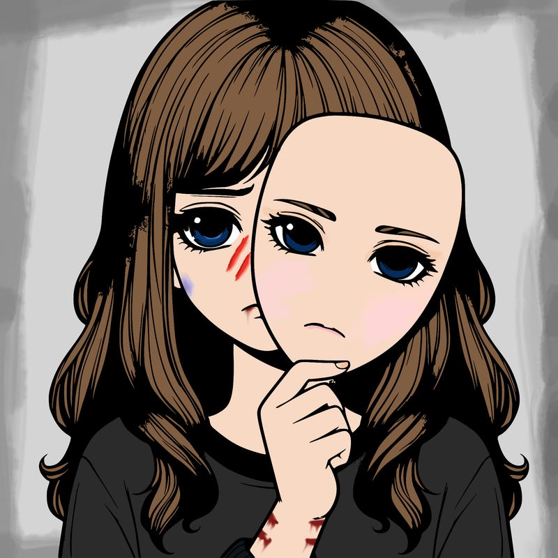 realistic sad girl holding a blank mask covering half her face