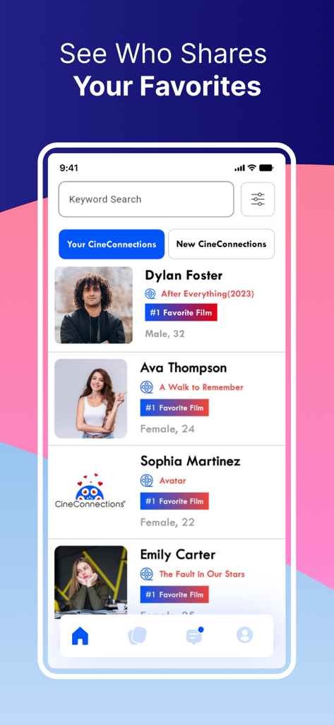 CineConnections - CineConnections app screen showing user profiles with their top favorite movies for film based matching