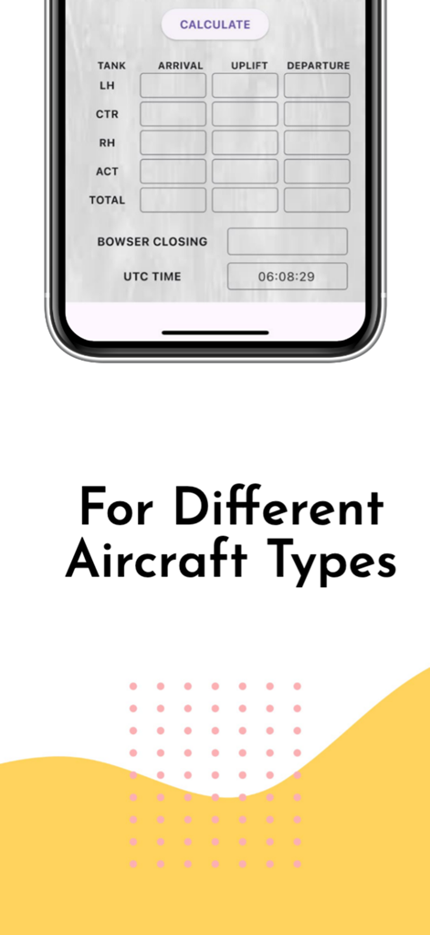 Fuel & Oil Calculator - Interface of the Fuel and Oil Calculator app showing tank distribution for different aircraft types