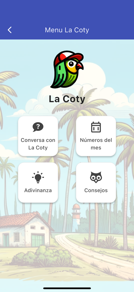 Interfaz del menú de la aplicación La Bolita Cubana que muestra opciones para números mensuales y consejos con el personaje del loro La Coty