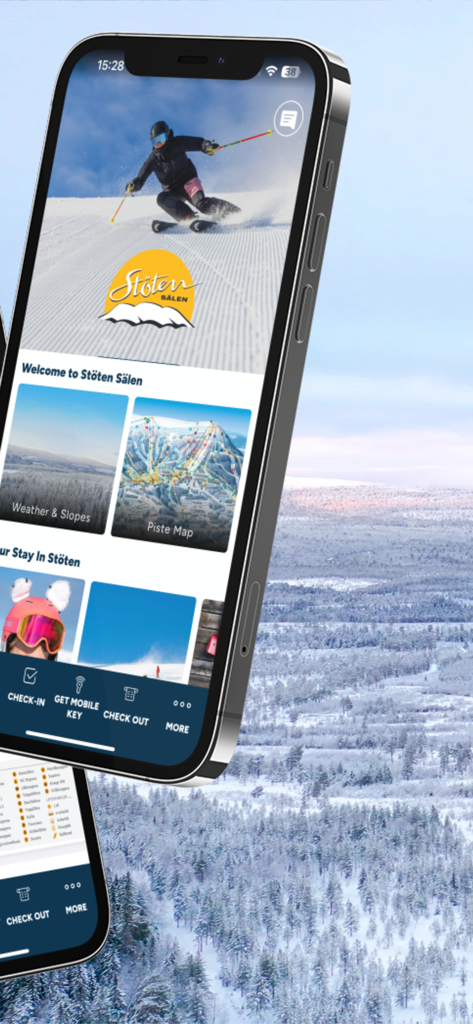 Stöten - iPhone screen displaying the Stoten app home screen with weather reports and piste map features