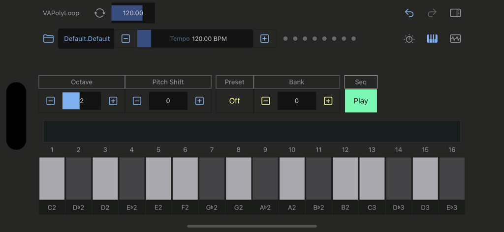 VAPolyLoop - Interfaz del sintetizador móvil VAPolyLoop con teclado de piano virtual y controles de secuencia