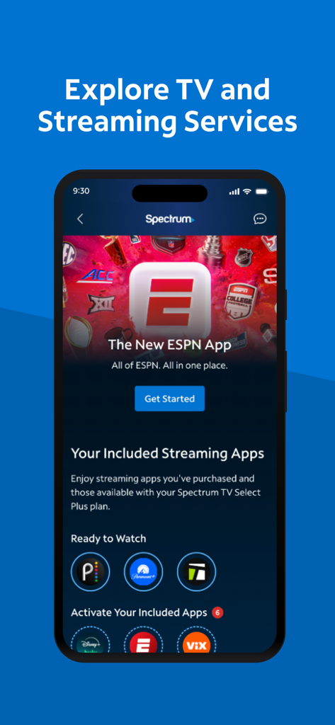 Interfaccia dell'app My Spectrum che mostra servizi TV e di streaming gestiti con icone dell'app per ESPN Paramount Plus e Peacock.
