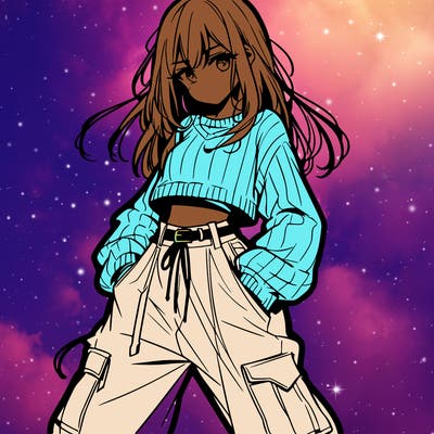 anime teen girl with baggy pants and crop top with sweater